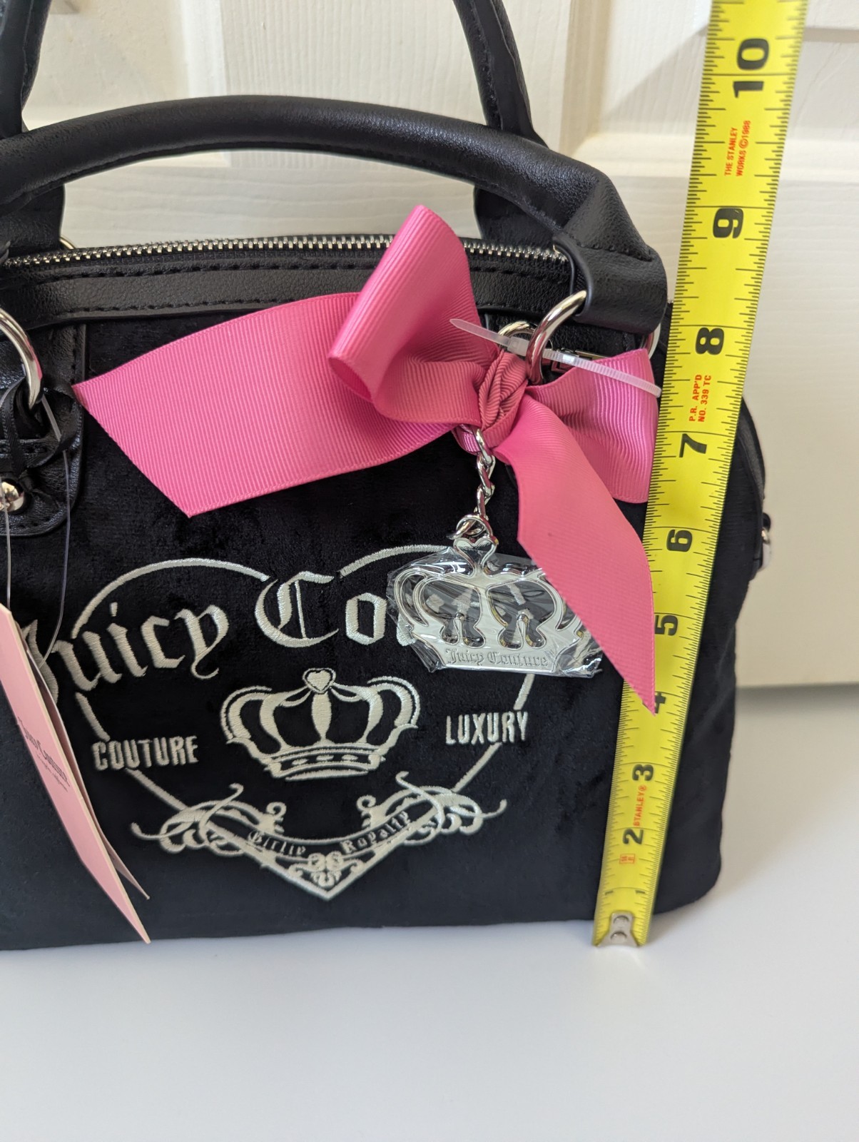 Juicy Couture Black Small Satchel Zip Top Logo Bow Charm Chain Strap Silver