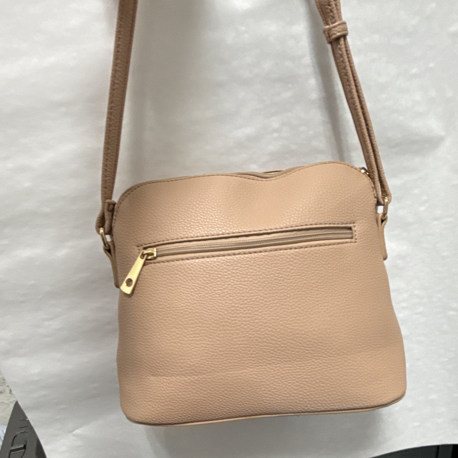 Women’s Beige Pebbled Crossbody Bag Double Zip Tassel Pulls Detachable Strap