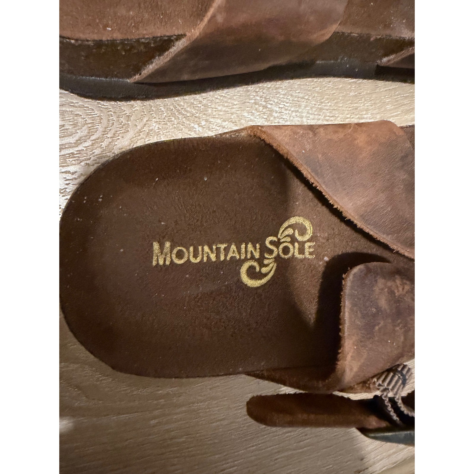Mountain Sole Brown Leather Slide Sandals Cork Footbed Buckle Straps Boho Womens