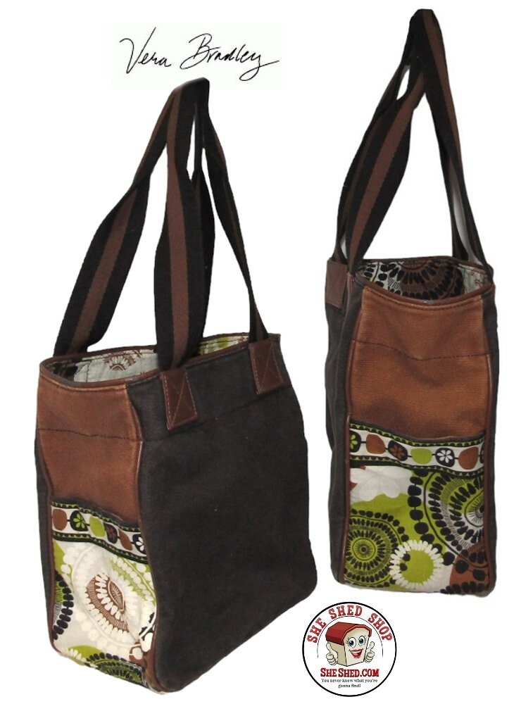 Vera Bradley Cocoa Moss Hobo Canvas Tote – leather edge shows wear, see pictures