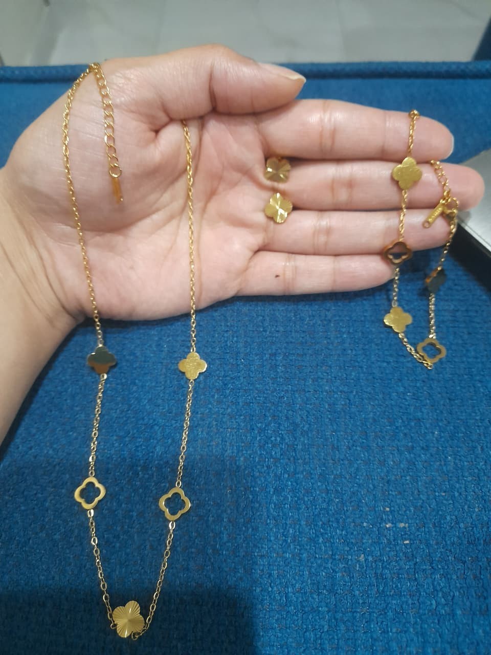 GOLD STAINLESS STEEL CLOVER JEWELRY SET NECKLACE BRACELET EARRINGS WOMEN FASHION