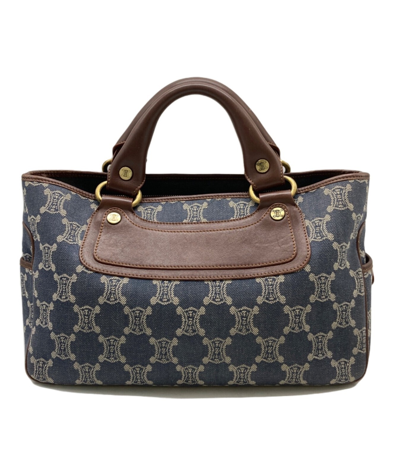 Auth CELINE Denim Boogie Tote Bag Handbag Navy Brown Leather Pockets Women’s