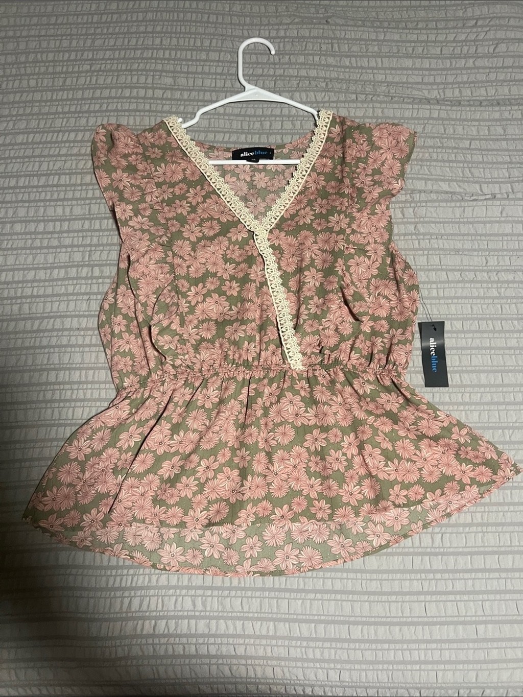 Alice Blue Pink Floral Lace-Trim Peplum Blouse
