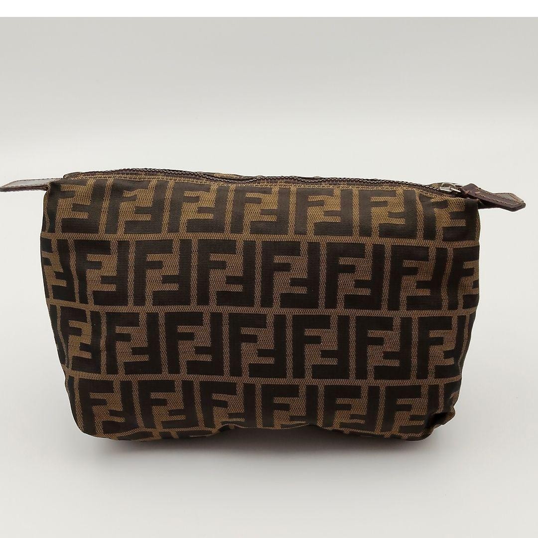 Fendi Zucca Canvas Cosmetic Pouch Brown FF Logo Authentic 25cm Bag