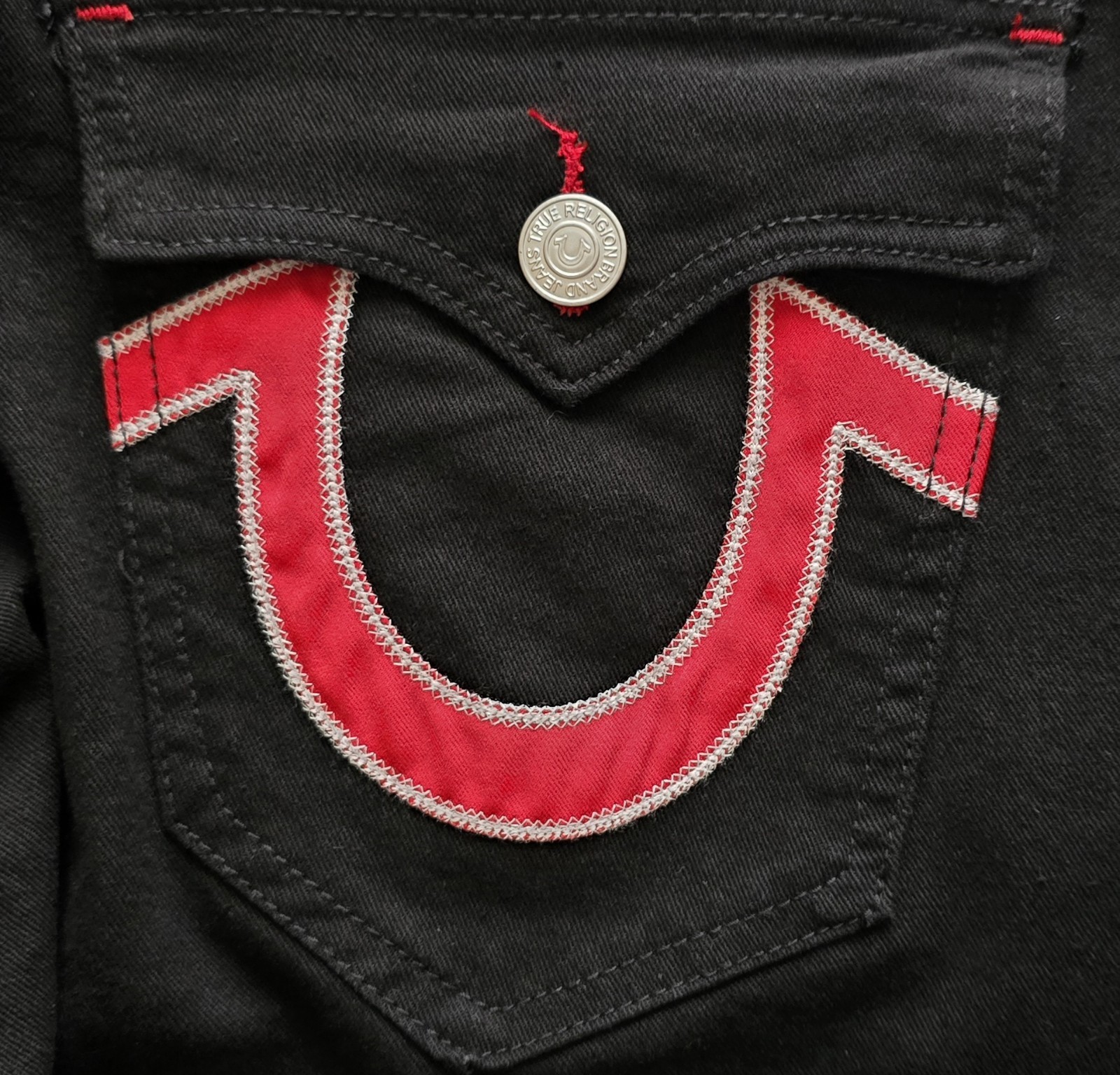 NWT True Religion Ricky Black Jeans Mens 38×30 Red Stitch Relaxed Straight Flap