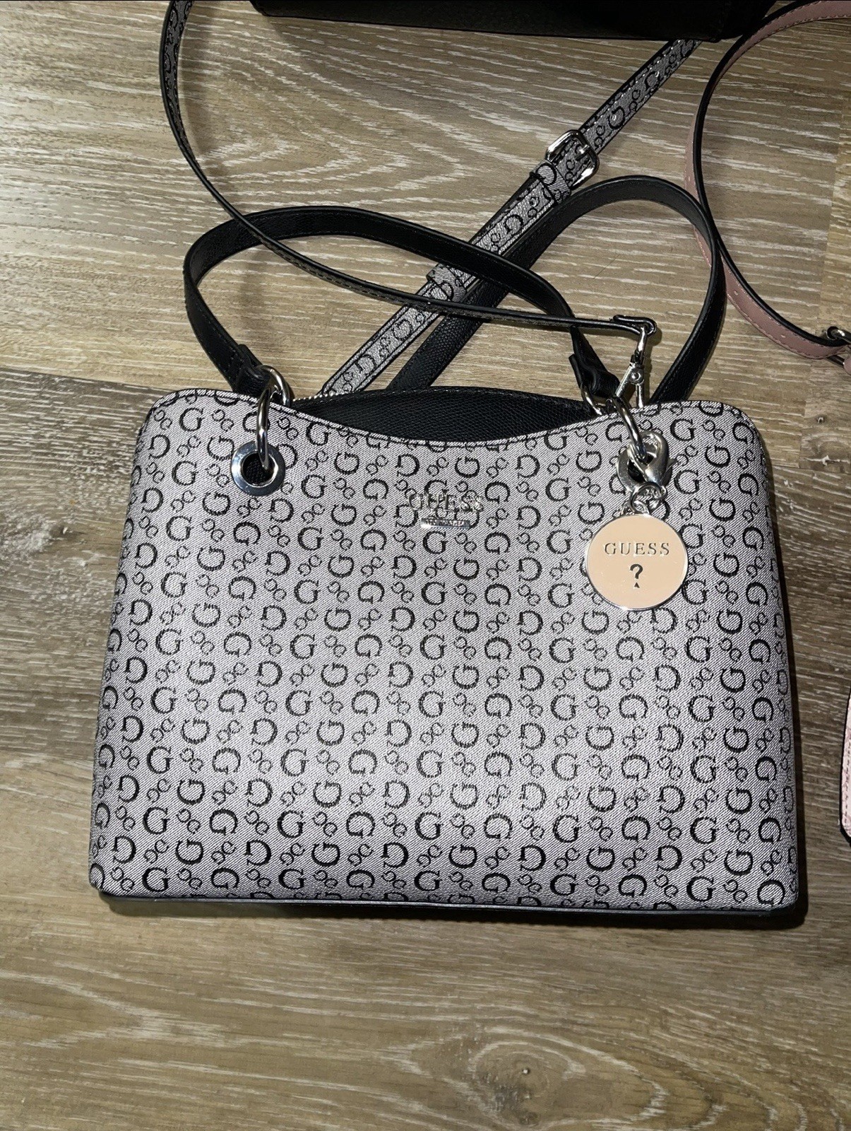 GUESS Gray Black Small Logo Print Crossbody Bag Zip Top Silver Hardware Strap