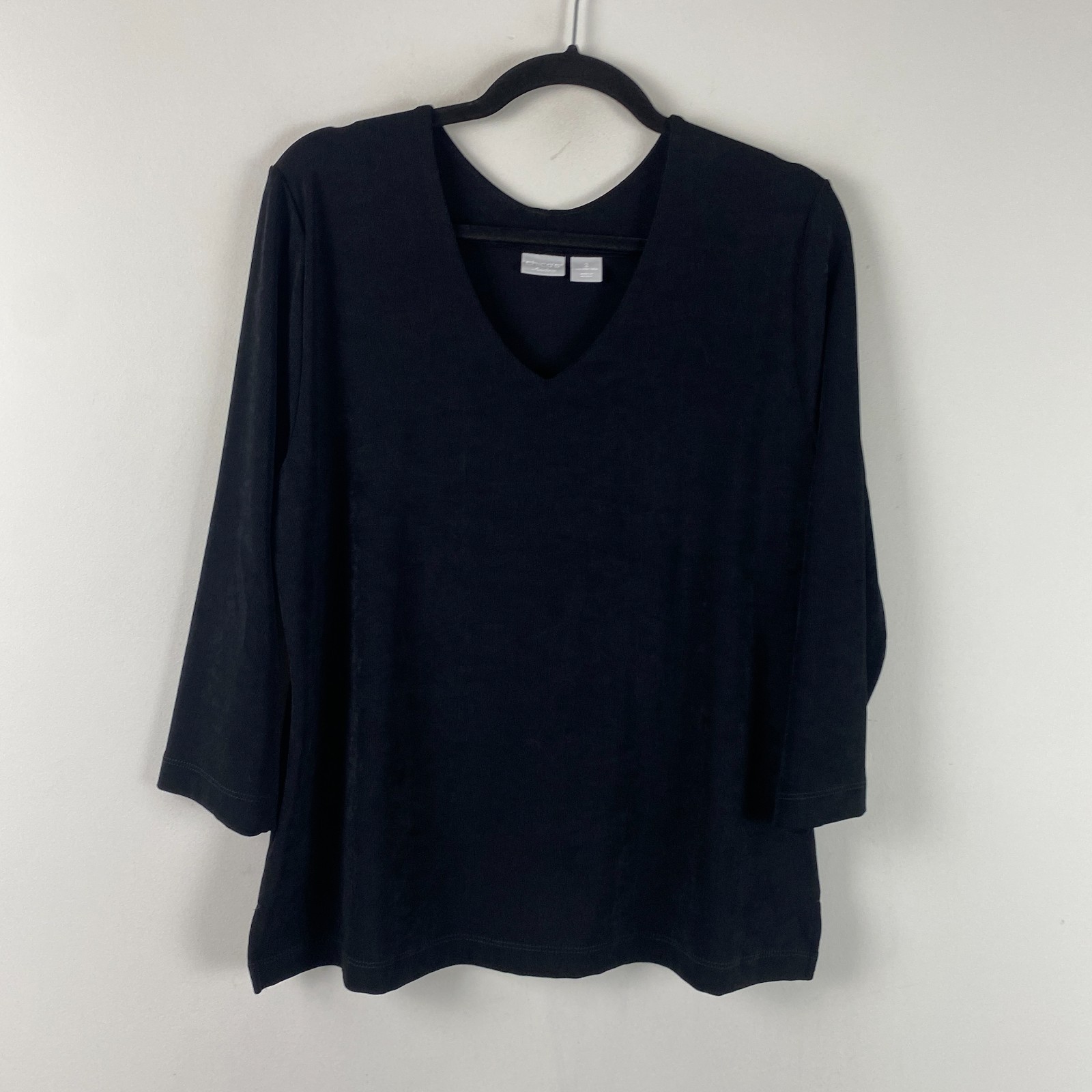 Chicos Travelers Top Size 2 US Large Black Slinky Knit V Neck 3/4 Sleeves