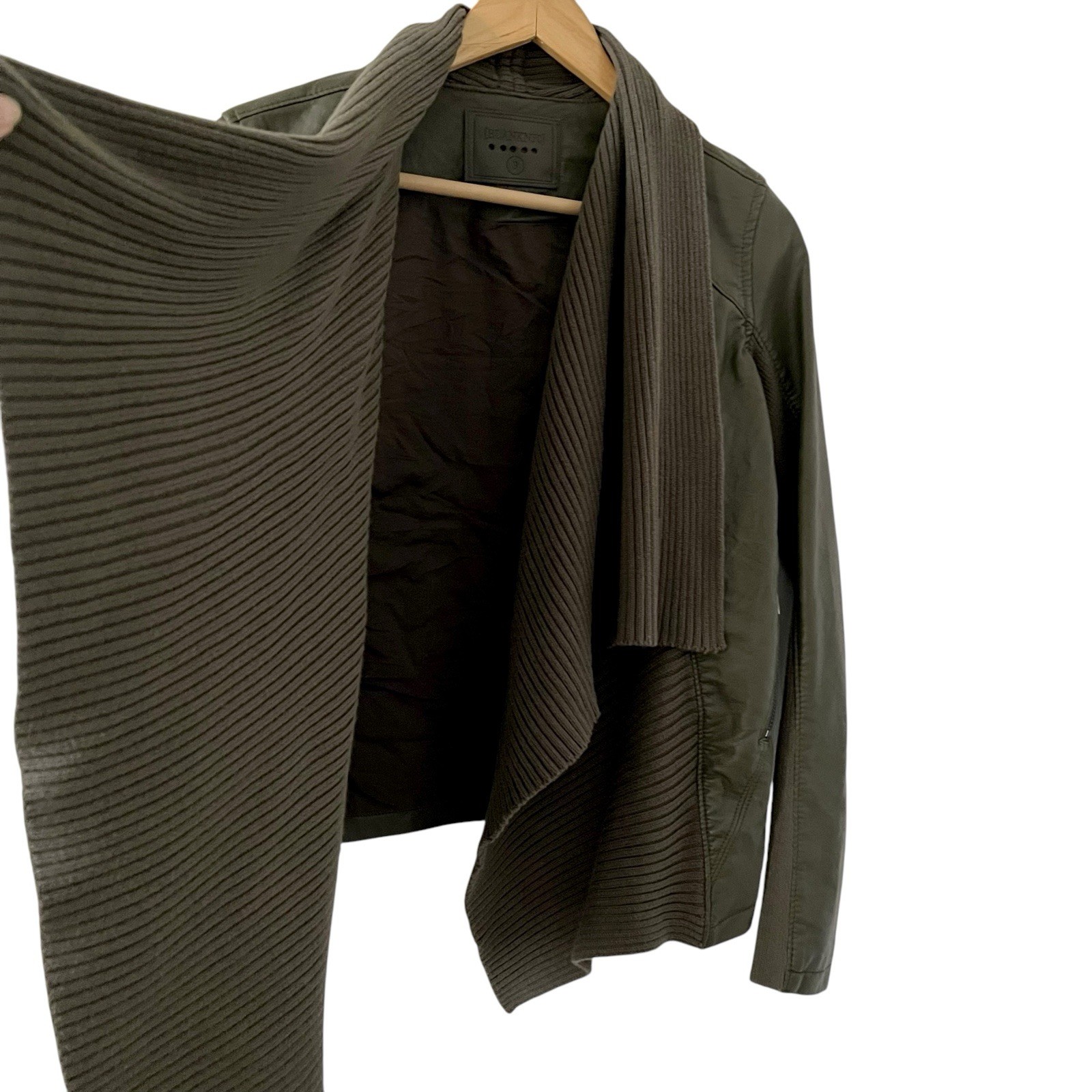 Blank NYC Moto Jacket Vegan Leather Knit Mixed Media Olive Green Sz Small