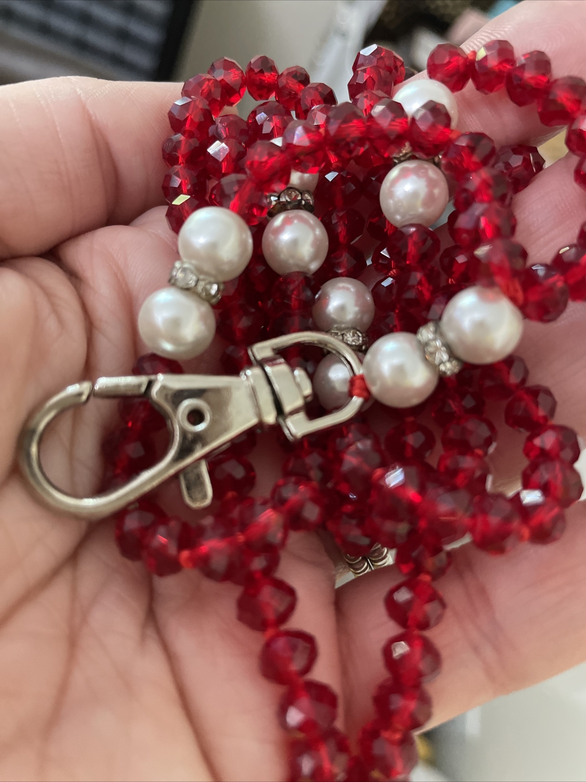 Crystal Lanyard Or Eyeglass Chain Red Crystal Pearl Rhinestone Beads 34” Strand