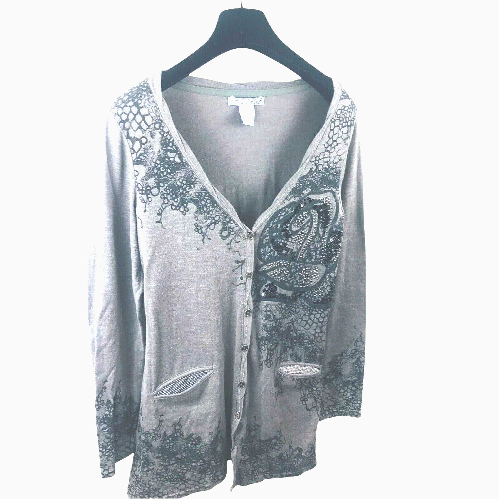 Y2K Cardigan L Women Embellished Glam Rock Jacket Brown Black Floral Beaded