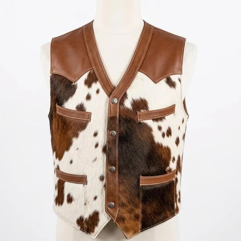 Handmade Cow Hide Leather Vest Brown White Yoke Snap Cowboy Waistcoat