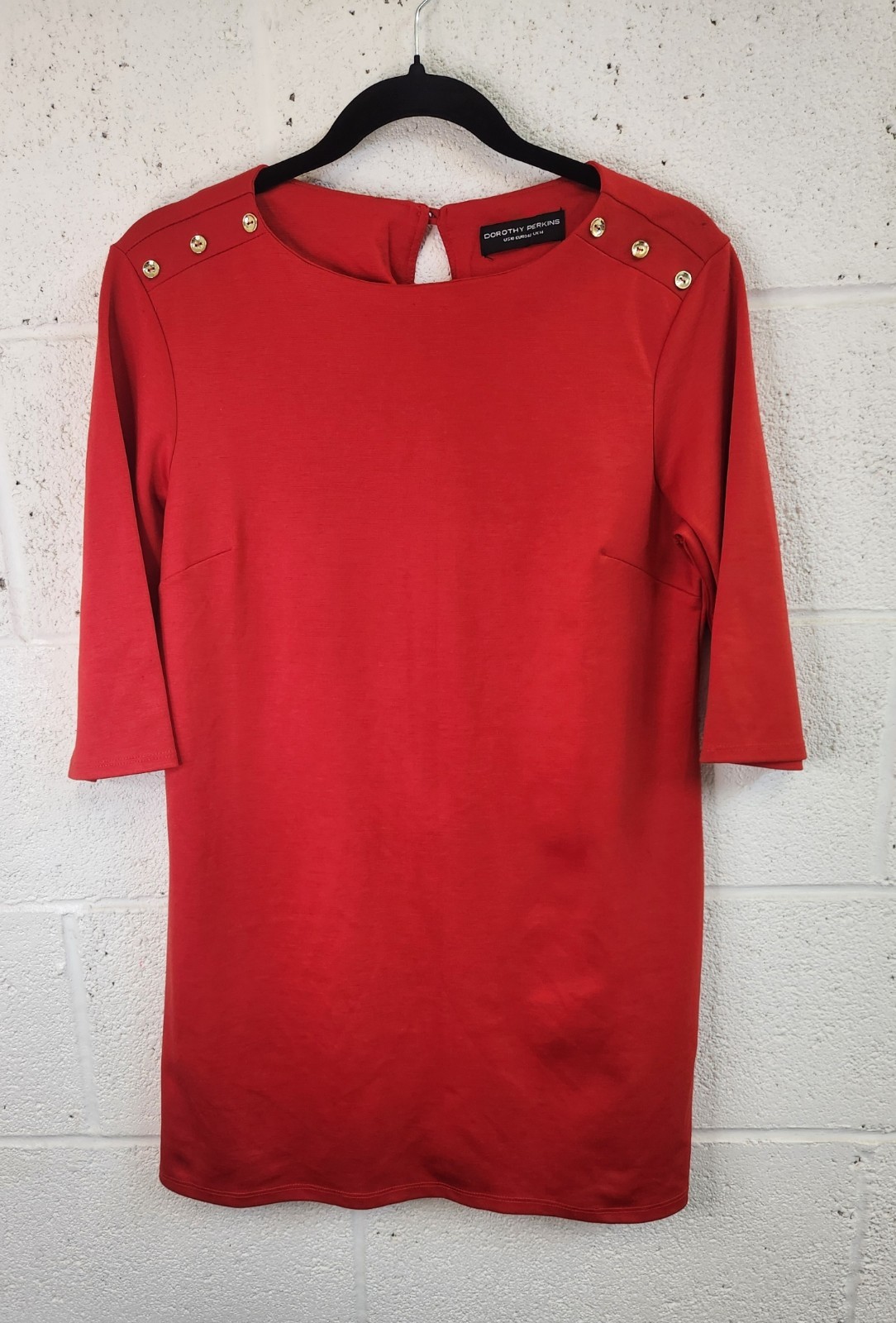 Dorothy Perkins Women’s Red Shift Dress Gold Shoulder Buttons UK 14