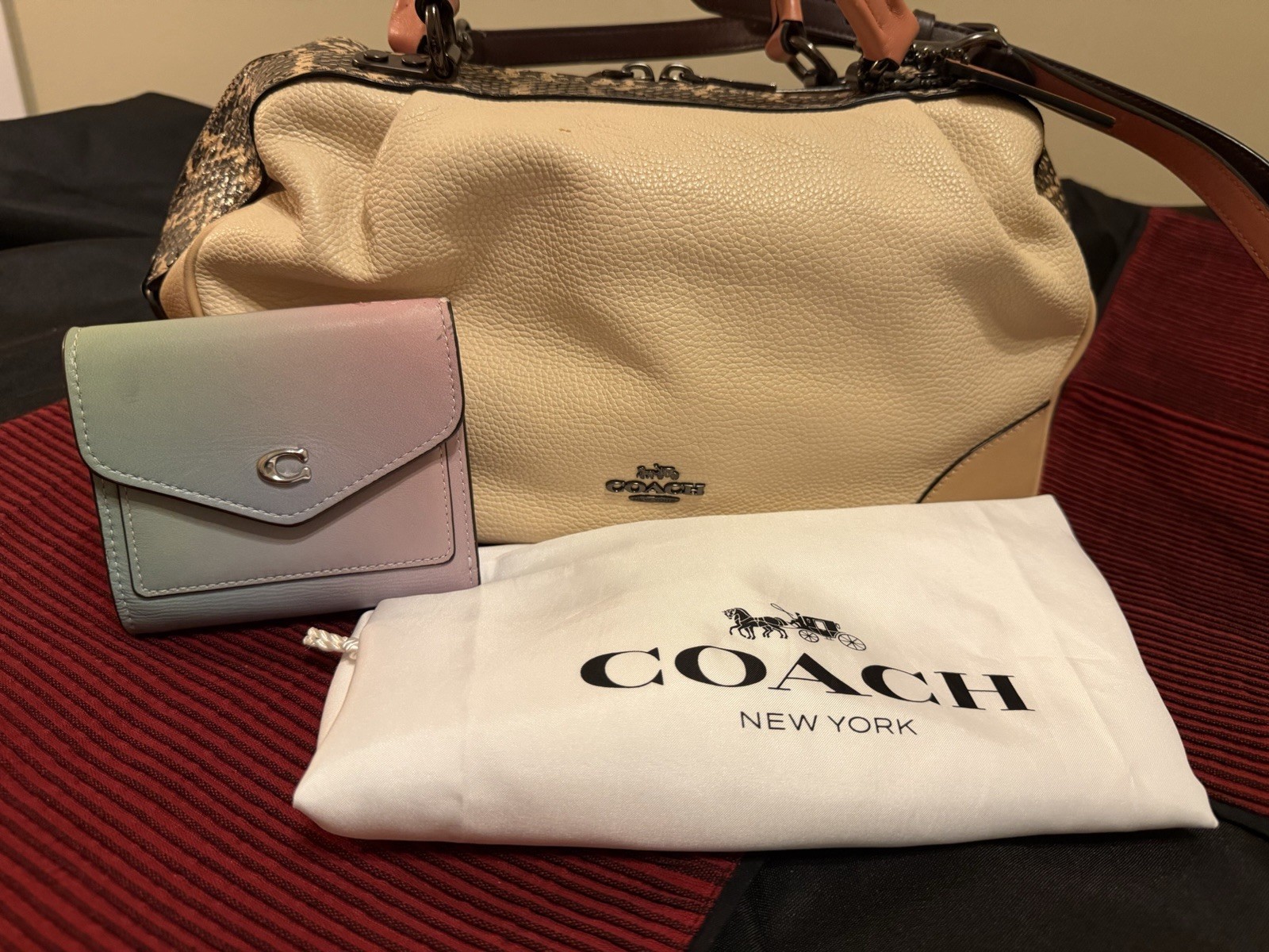 Coach Beige Pebbled Satchel Top Handle Animal Print Zip Lined Detachable Strap