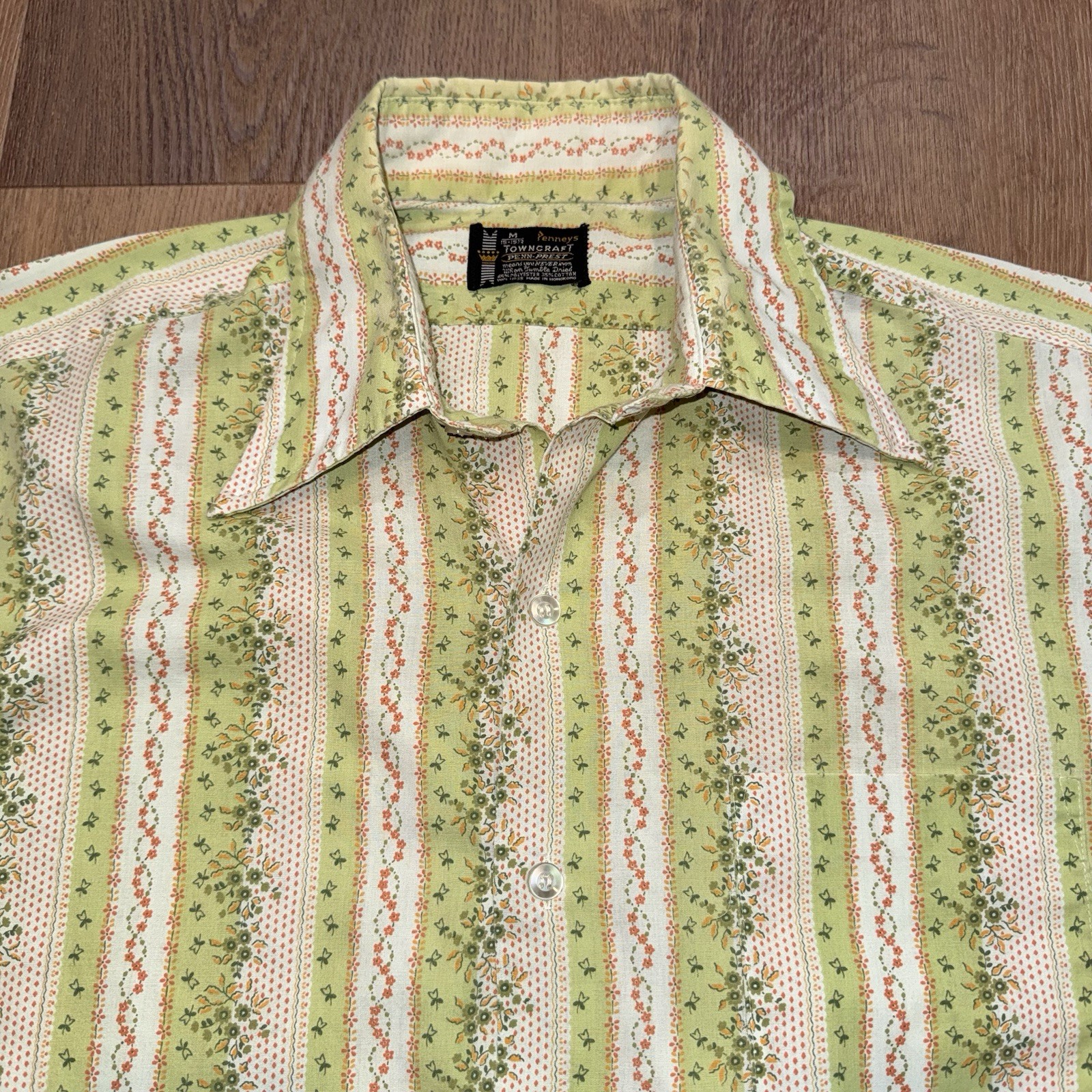 1960s Towncraft Penneys Shirt Vtg Hippie Disco MCM Mod Green Floral Mens Medium