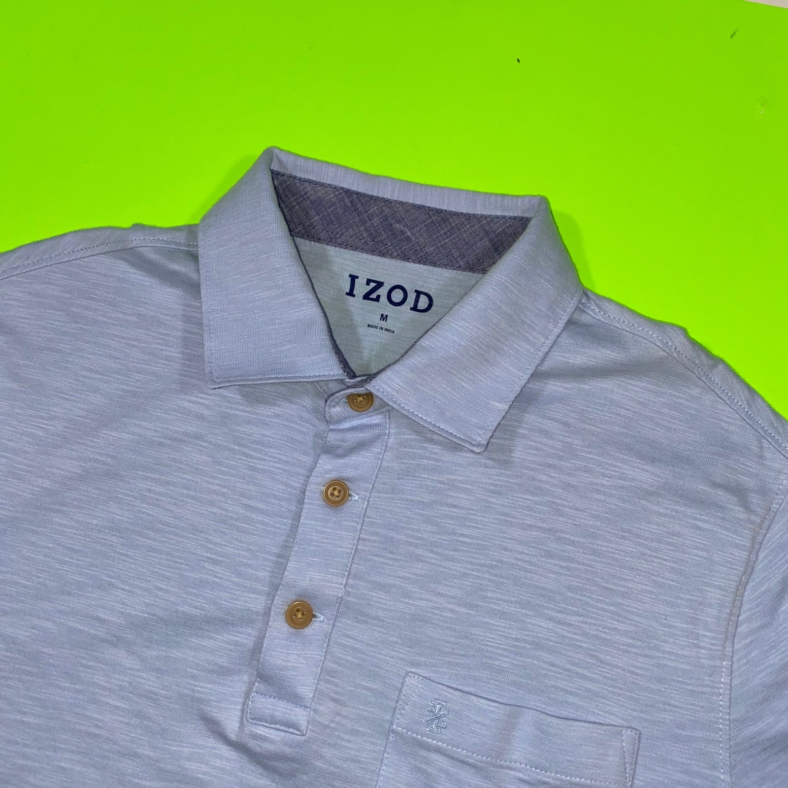 IZOD Mens Short Sleeve Polo Shirt Blue Heather Slub Jersey Chest Pocket Size M