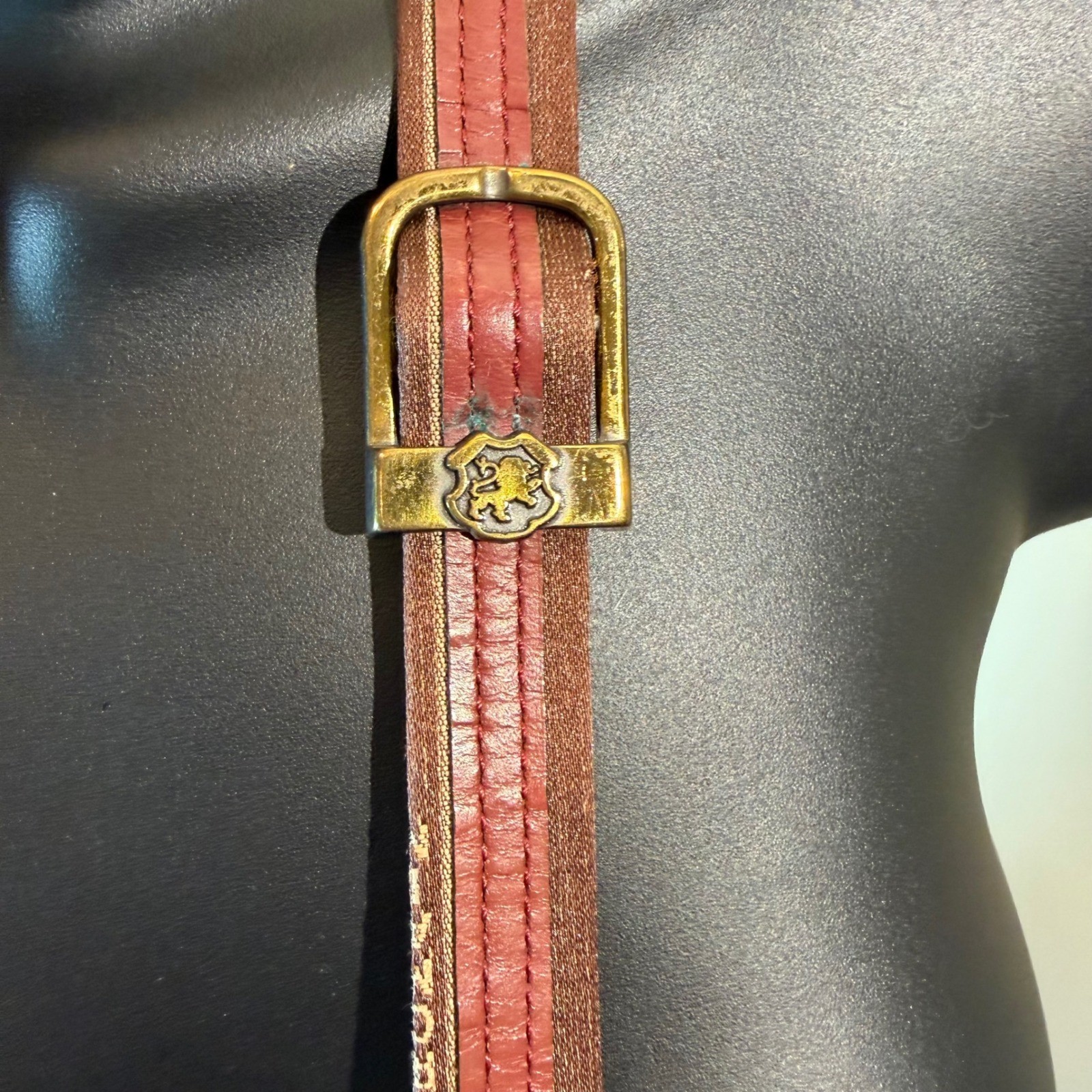 Vintage John Romain Striped Crossbody Bag Brown Burgundy Leather Trim Lion Crest