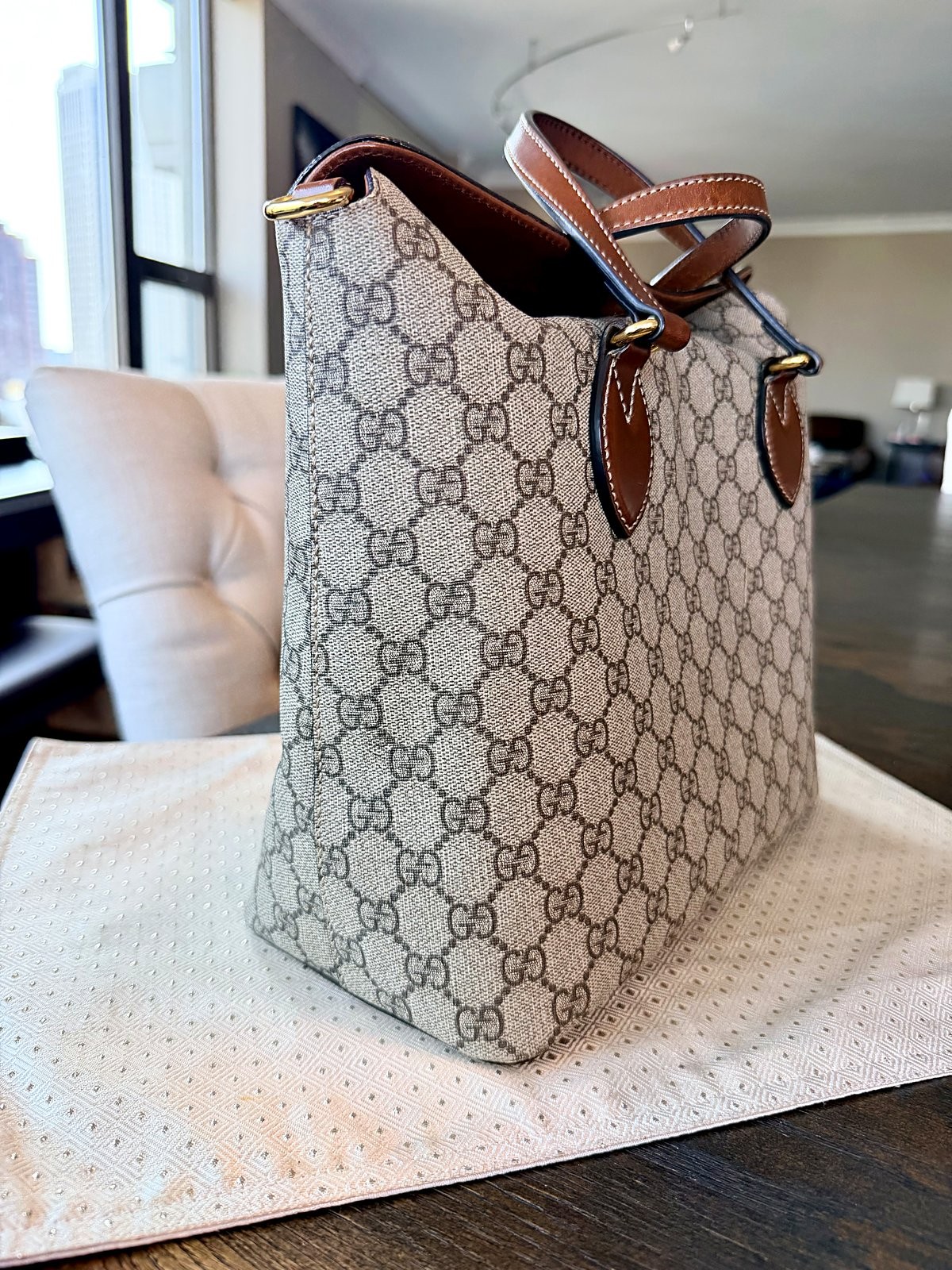 Authentic Gucci GG Supreme Monogram Canvas Tote Bag Brown Leather Trim Handbag