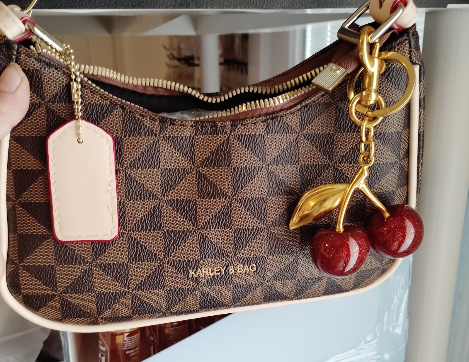 KARLEY & BAG Brown Geometric Coated Zip Small Shoulder Bag w Cherry Charm