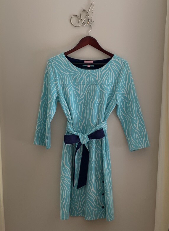 Lilly Pulitzer Blue Dress Large Shift Sleeves Self Tie Belt