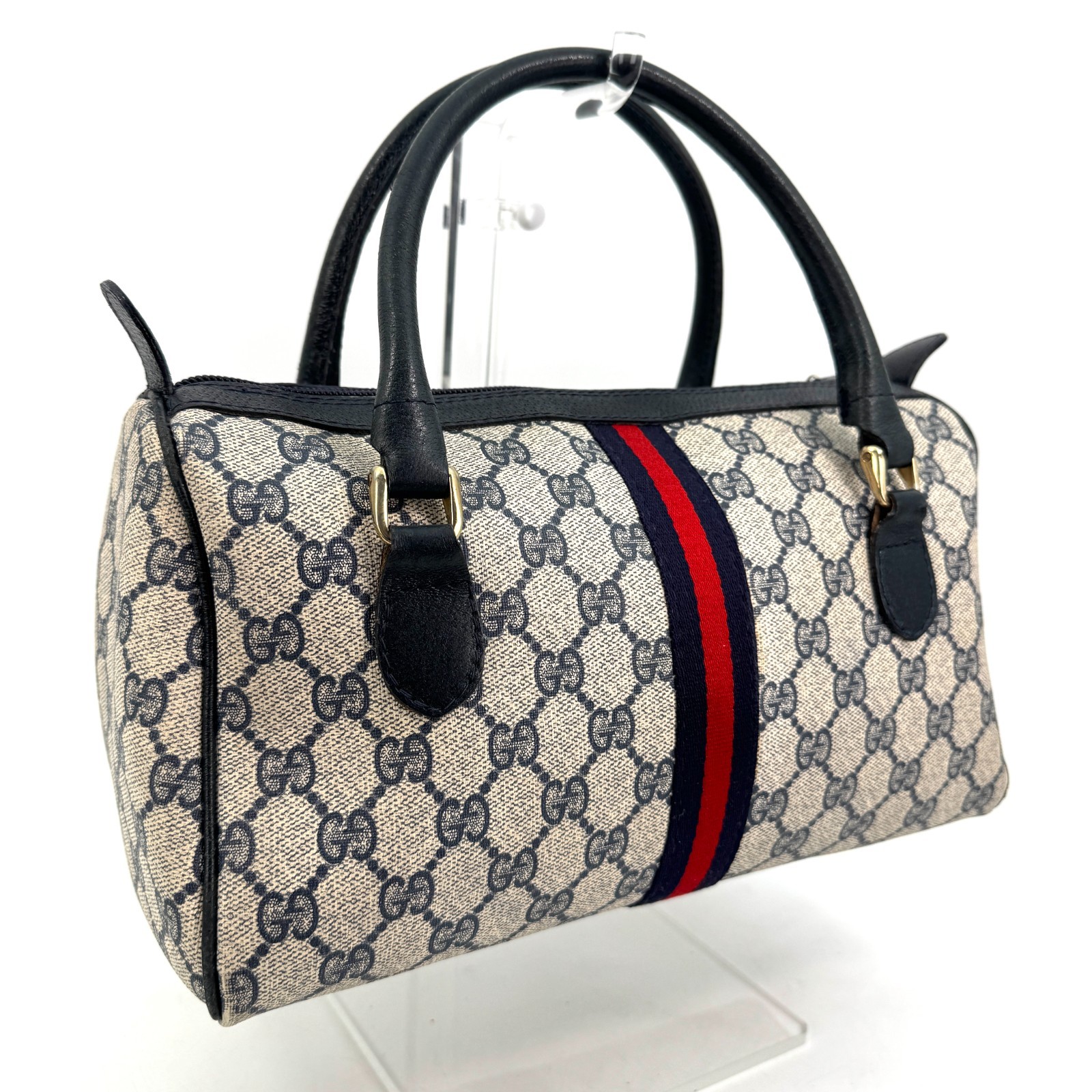 Vintage Gucci Hand Bag Sherry Navy Mini Boston Bag PVC Authentic 446T0403