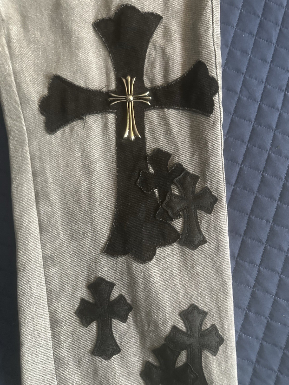 Chrome Hearts Men’s Gray Denim Straight Jeans Black Cross Patches Button Fly