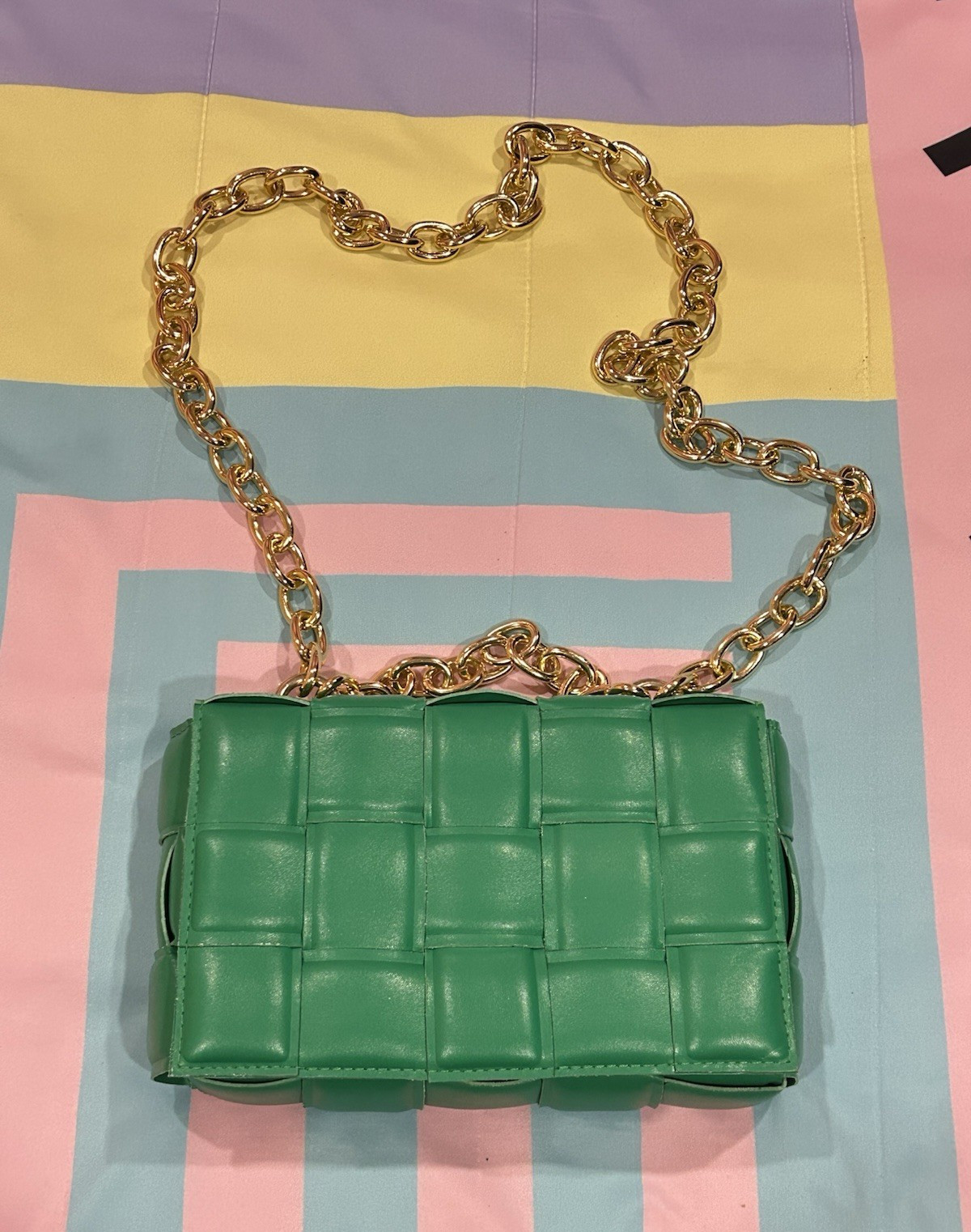 Funky Green Puffy Woven Rectangle Crossbody Purse Bag with Chain Strap