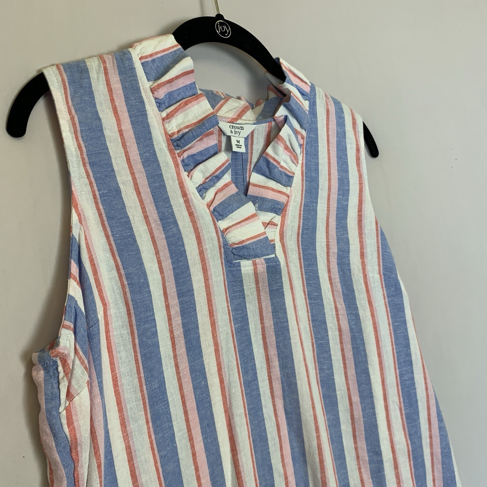 Crown Ivy Top Blouse Womens Medium Pink Blue Ivory Striped Sleeveless V Neck