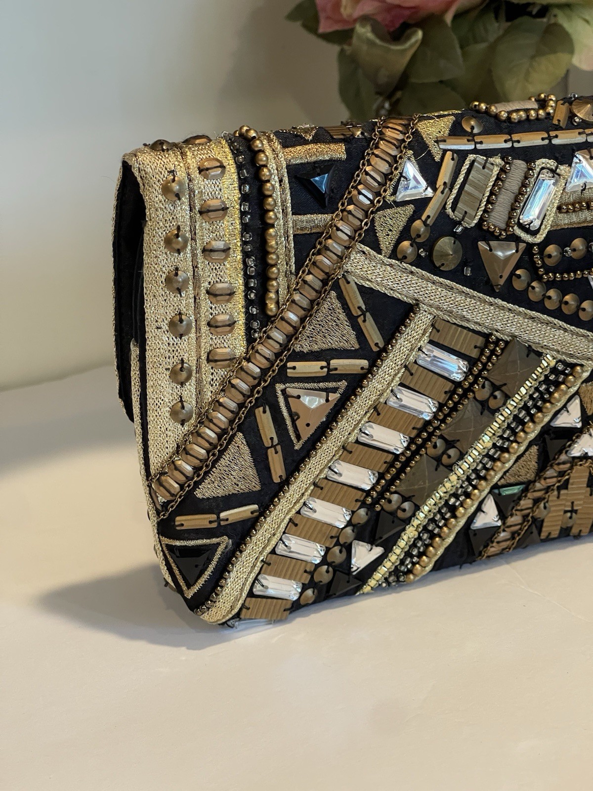 Chico’s Black/Gold Art Deco Beaded Clutch w/ Detachable Chain Strap