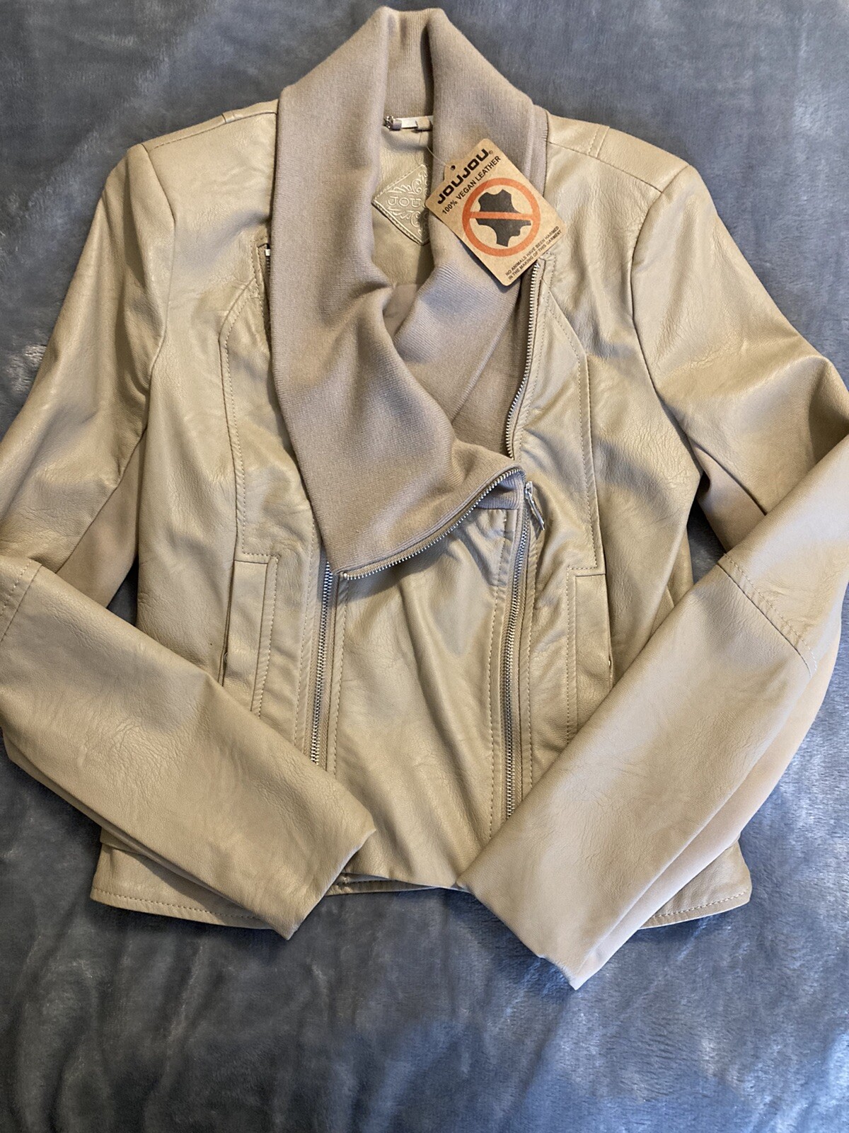 NEW JouJou SOFT 100% Vegan Leather Moto Bomber Jacket Tan Cream Size Small NWT