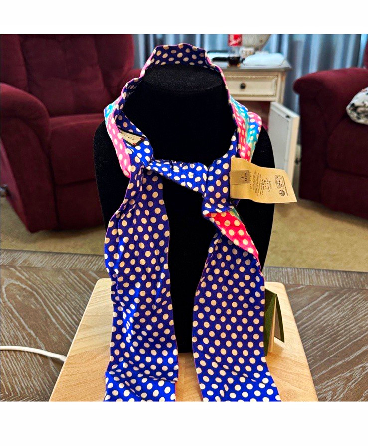 Gucci Polka Dot Silk Twill Skinny Scarf Logo Accent Pink Blue Purple White