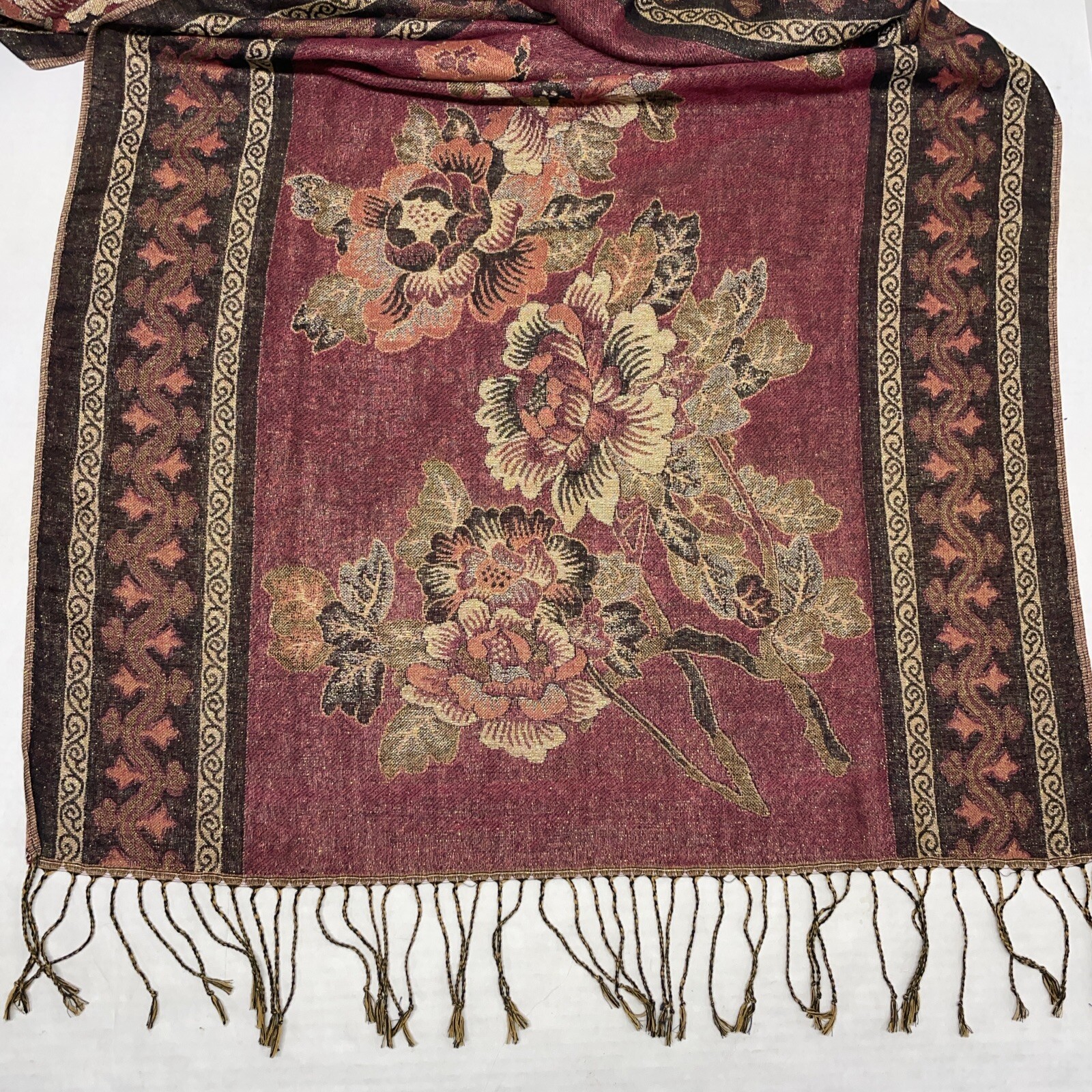 Elegant Floral Wrap Fringed Scarf Maroon Gold Black Oblong Rectangle Sparkle 72”