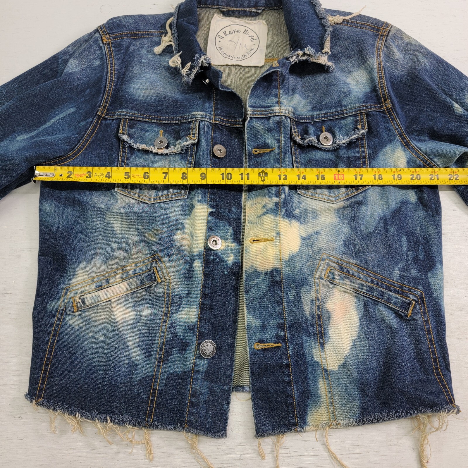 A Rare Bird Handmade Original Distressed Acid Wash Denim Jacket Adult Sz S/M EUC