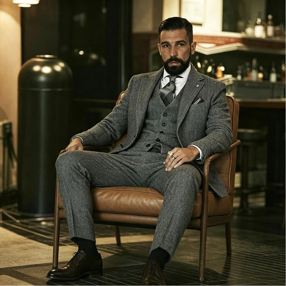 3-piece gray men’s suit herringbone checkered tweed tailcoat retro suit ball