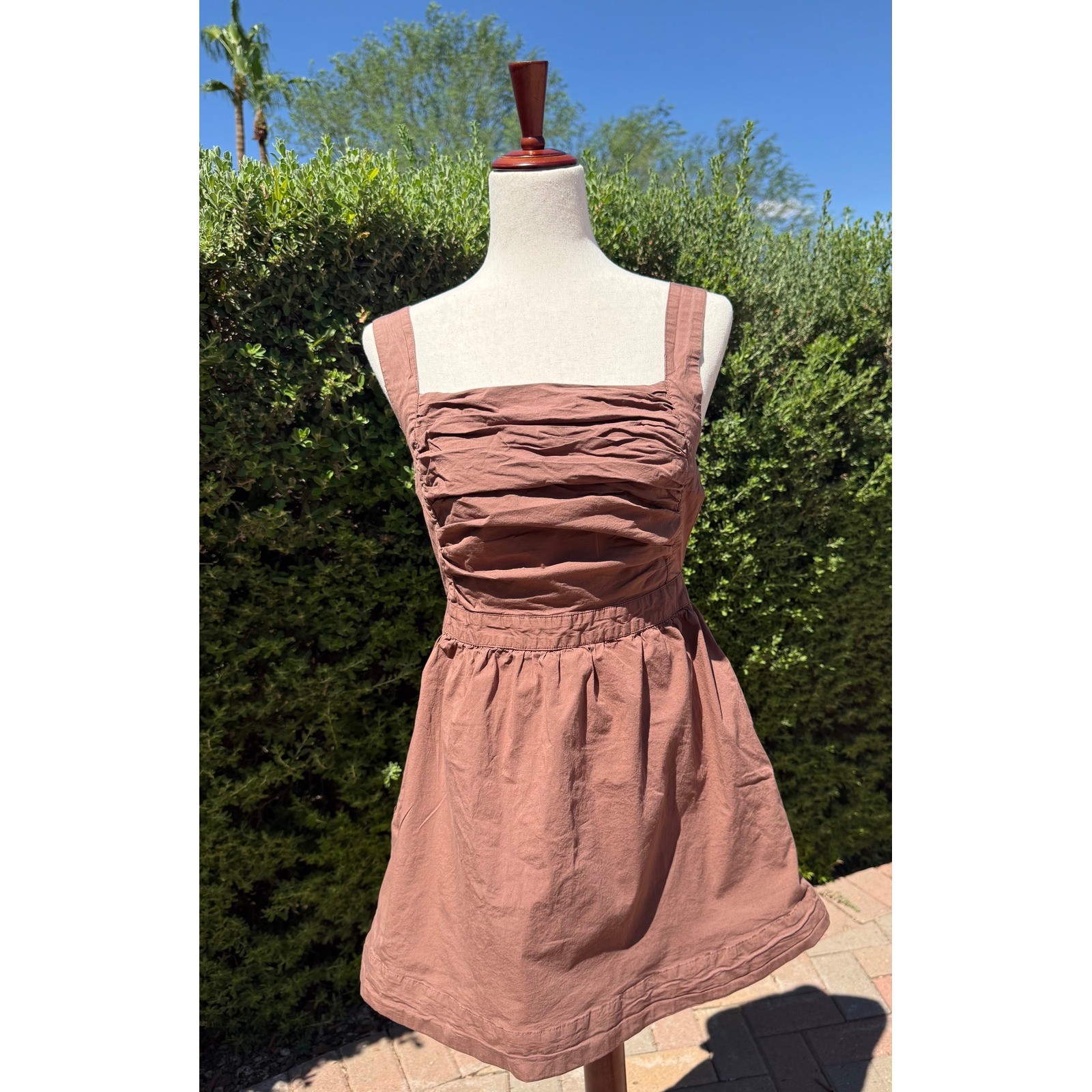 Free People Meet Me In Maui Mini Dress Brown Size M Tie Back Sleeveless Cotton