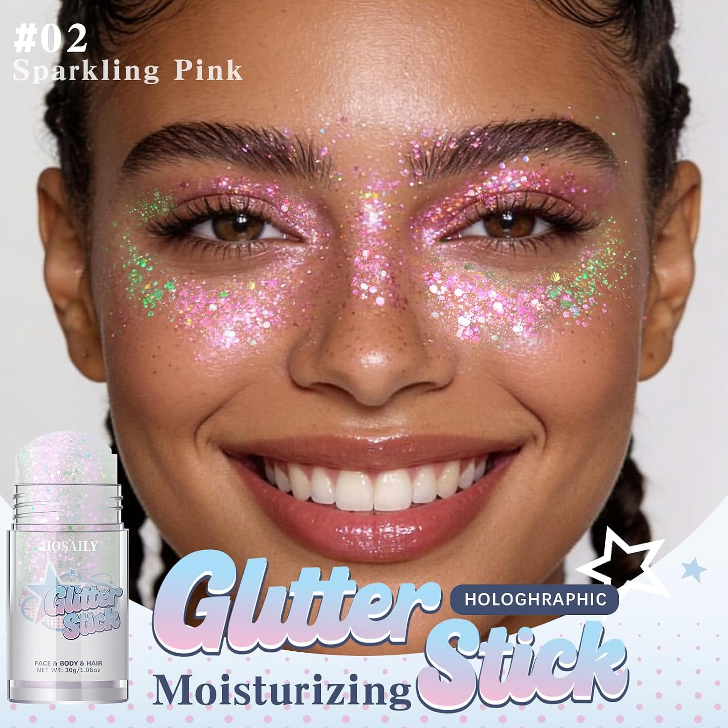 Sparkling Pink Body Glitter Stick, Holographic Fairy Costume Makeup Face Hair Gl