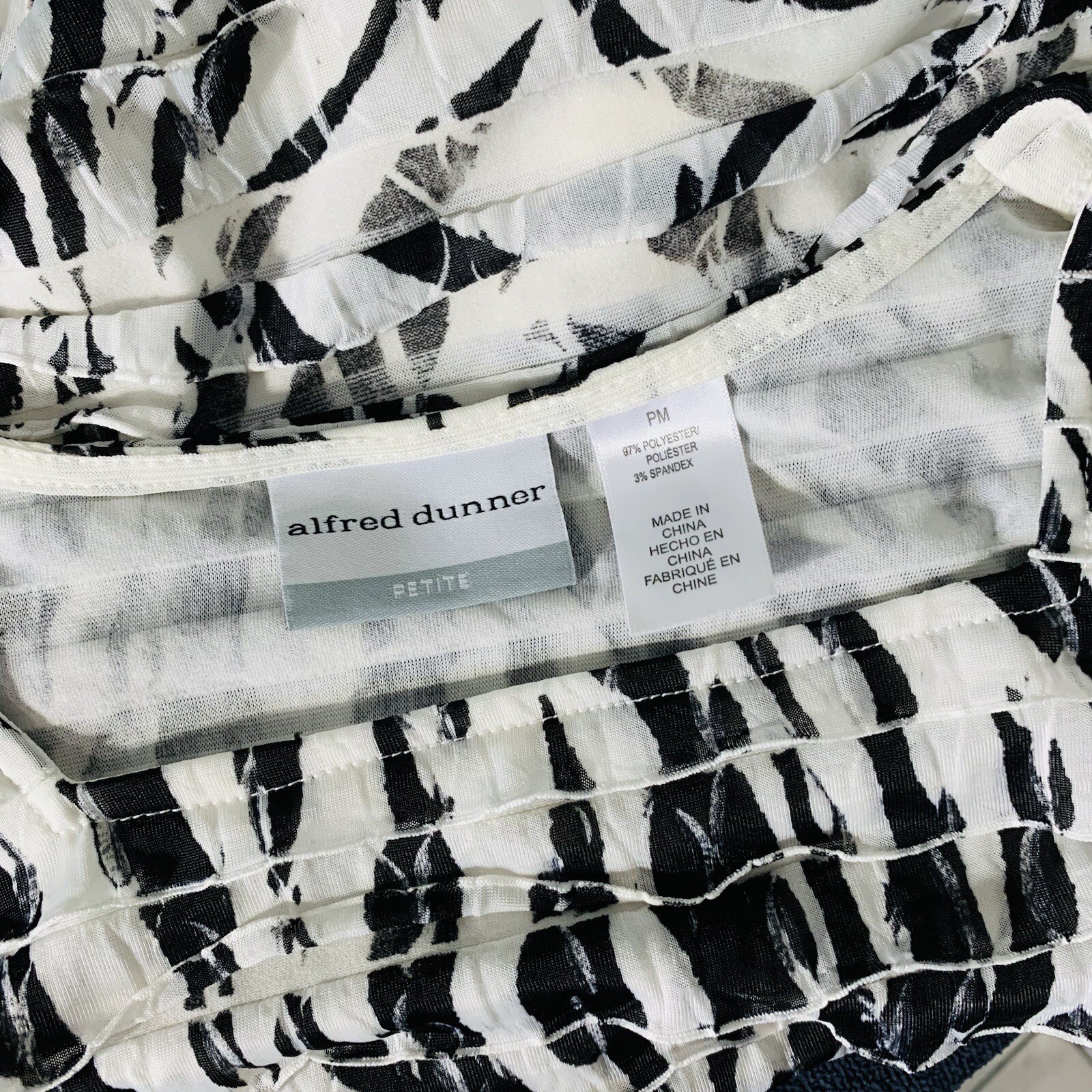 Alfred Dunner Petite Medium Zebra Print Textured Ruffle Layered Top Black White