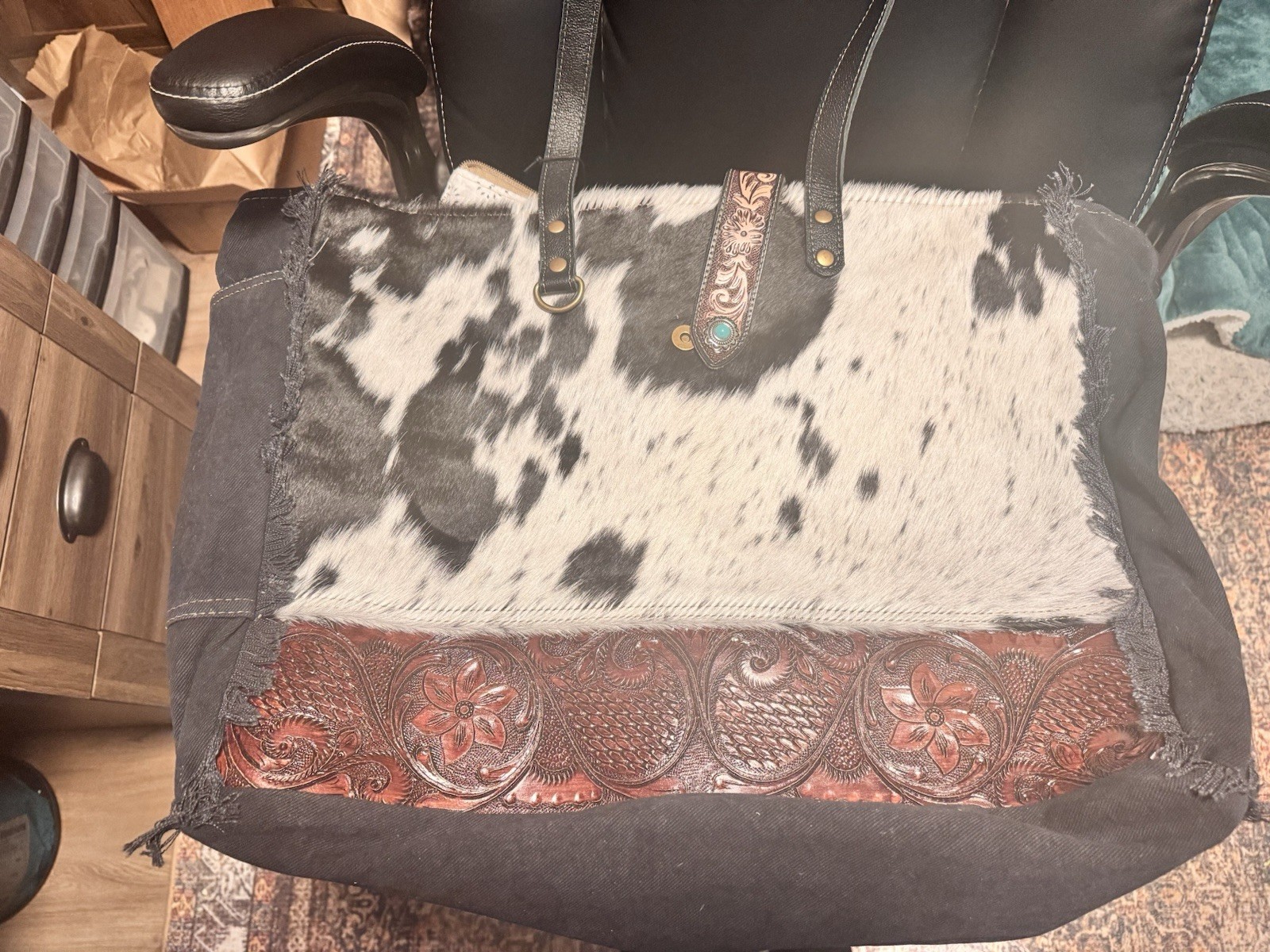 Myra Western Cowhide Animal Print Tote Bag Tooled Trim Magnetic Snap Lined