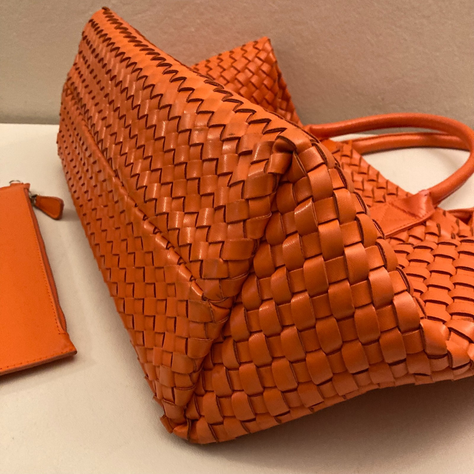 Woven Nappa Leather Tote Bag 21″ Intrecciato Shopper Lambskin Orange Large