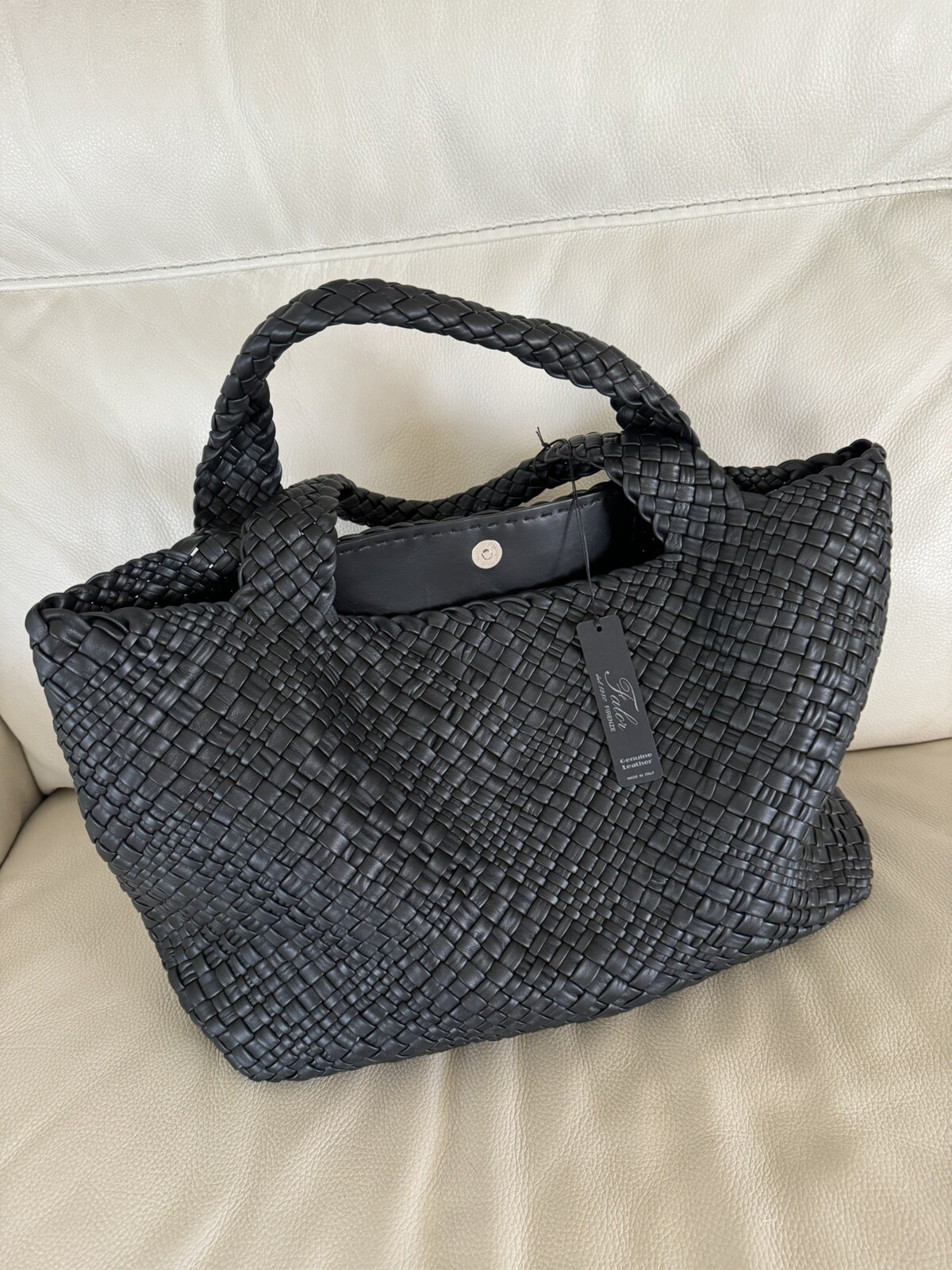 FALOR -ITALIAN Woven Soft Leather ~BLACK Tote Shoulder Bag XL NWT