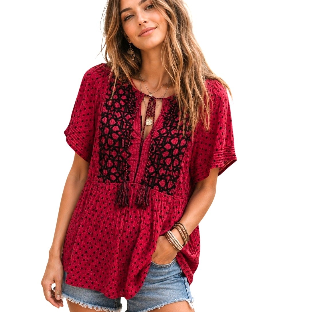 Knox Rose Embroidered Peasant Top Womens Medium Hot Pink & Black Boho Babydoll