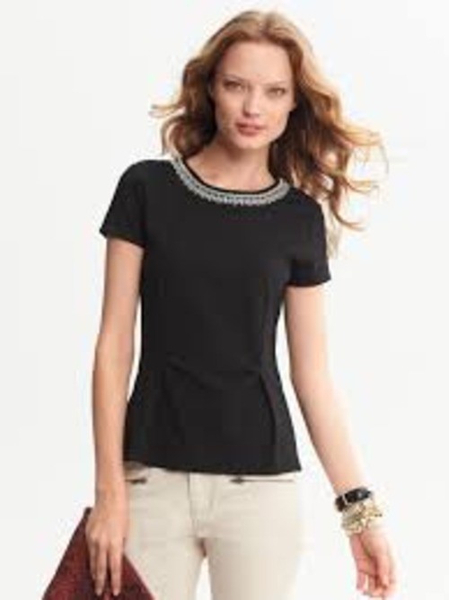 BANANA REPUBLIC 2 S Blouse Top Embellished Neckline Black Peplum Monili