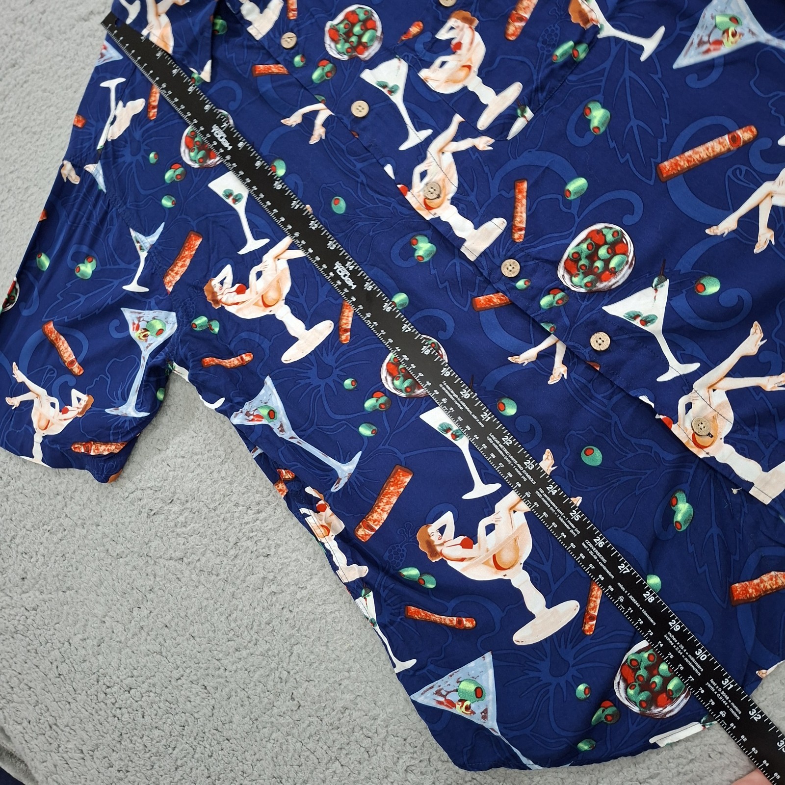 Vintage Junction West Men’s Martini Print Hawaiian Shirt L Blue Pinup Retro