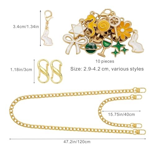 14pcs Gold Purse Chain Strap Set with Cute Mini Bag Charms &nti-Theft Zipper A