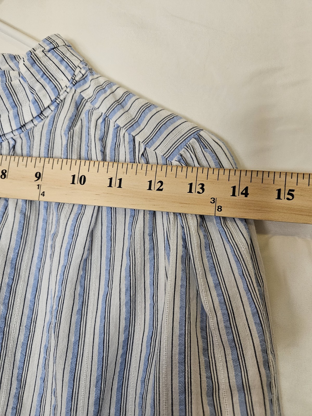 LOFT Blue & White Striped Ruffled Mock Neck Blouse