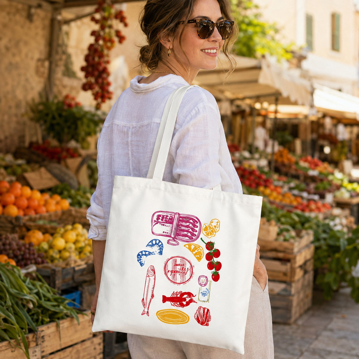 Women’s Retro Seafood Graphic Canvas Tote Bag for Daily Outings