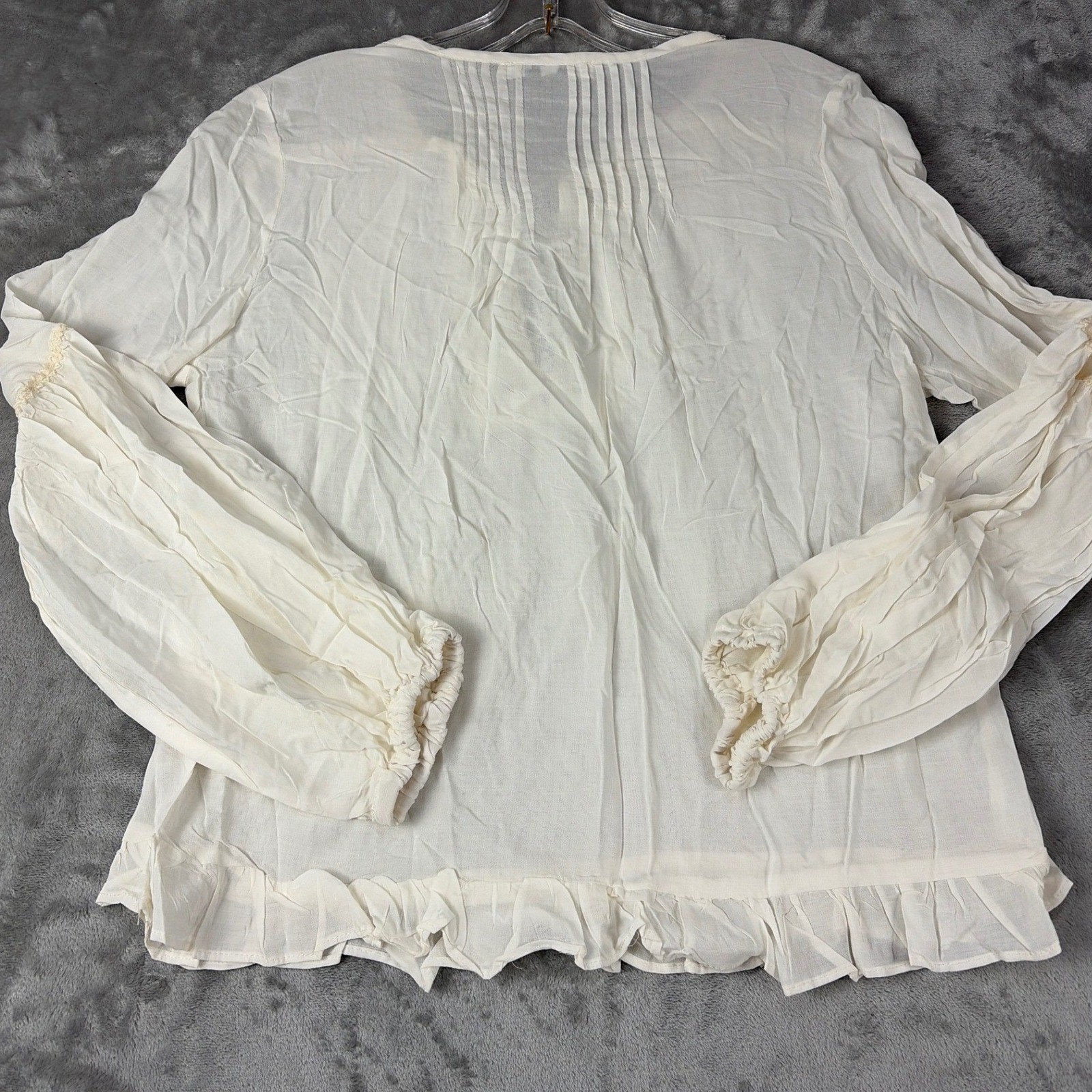 Sweewe Paris White Lace Up Peasant Blouse Tassel Pintuck Balloon Sleeve Ruffle