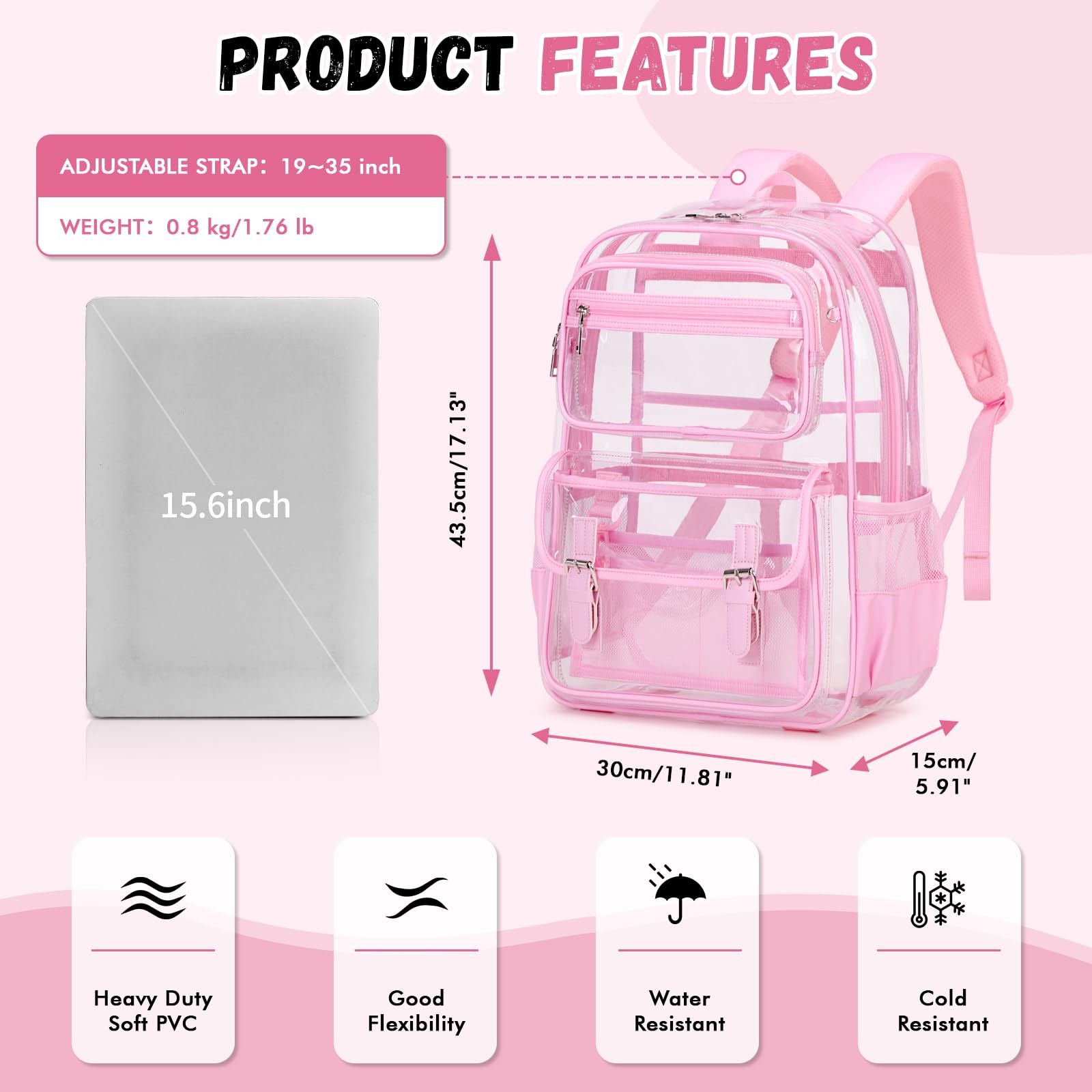 Large Clear Backpack 11.8″L X 5.9″W X 17.1″H Heavy Duty PVC – Ideal for School