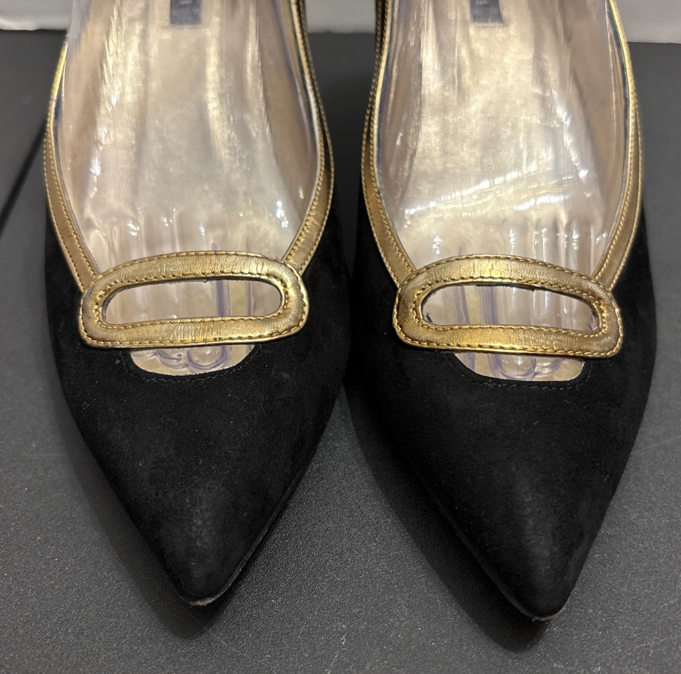CLAUDIA CIUTI Black Suede & Gold Pointed Toe Heels Pumps Size 9.5 M