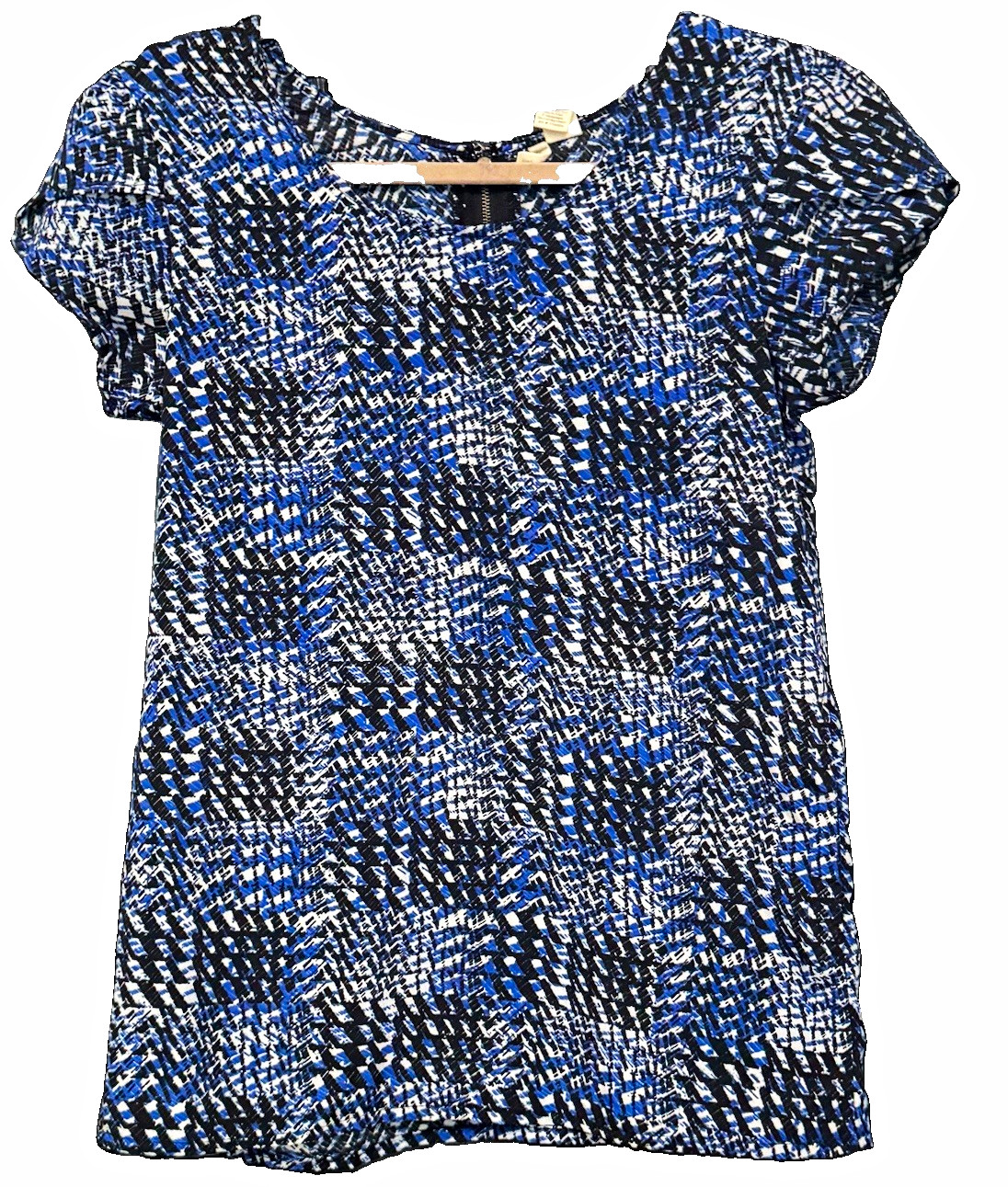 Women’s Abstract Print Ruffle Cap Sleeve Pullover Blouse Blue Black White Size S