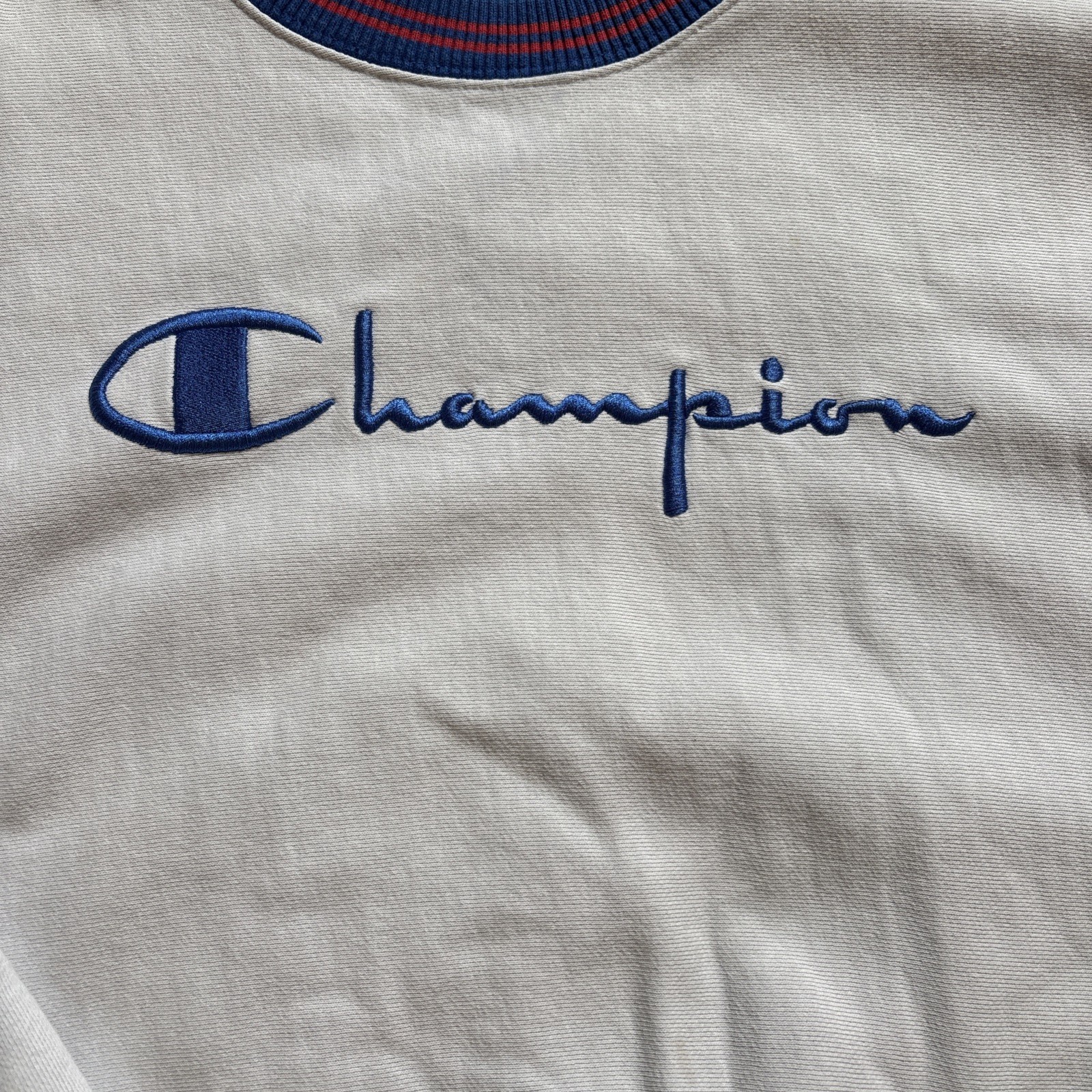 Champion Sweatshirt Men Reverse Weave Large EUC White-Red Blue Trim Preppy Y2K